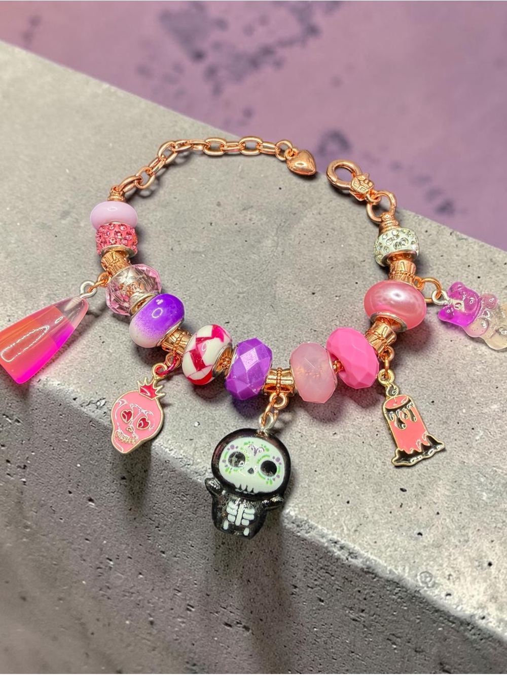 Handmade Halloween Charm Bracelet “Ghoul Friend”Line in Pink Purple